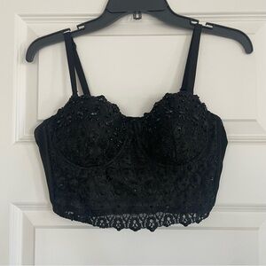 Windsor Cropped Black Beaded Lace Bustier with Convertible Straps